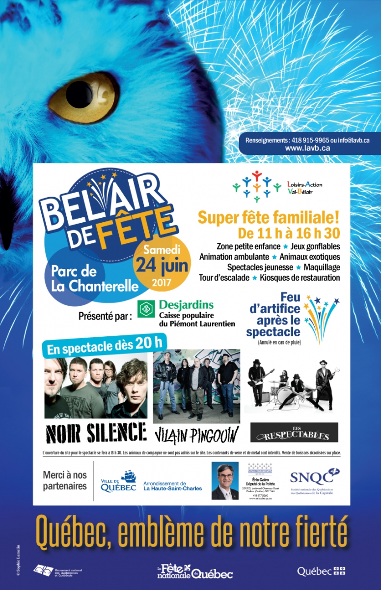 Bannière imagée résumant les activités : un hibou bleu regarde dans votre direction (c'est l'emblème du Québec utilisé pour la fête 2017). Trois photos des groupes de musique invités.